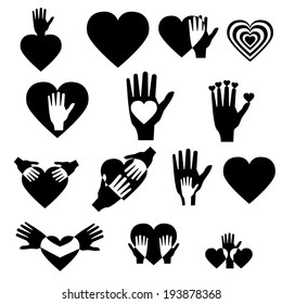 Illustration (vector) with signs of hands and hearts.