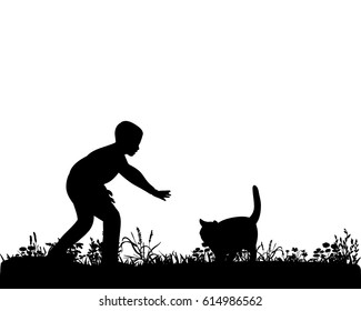 Illustration, vector, silhouette boy and cat