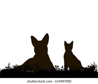 Illustration, vector, silhouette of a dog and a cat