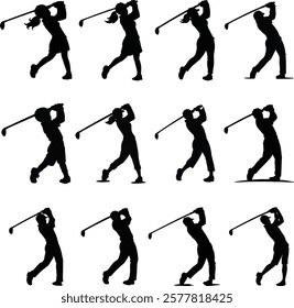 illustration, vector, silhouette, golfer, golfing, recreation, training, swing, player, man, golf, professional, person, game, tournament, people, champion, competition, set, active, design, female,