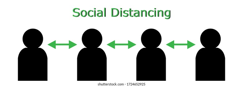 An illustration vector of silhouette people keep their 1 meter or 3 feet distance with arrow between each others. Social distancing concept. 