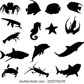 Illustration vector silhouettes design templates set of different kinds fish editable and printable files
