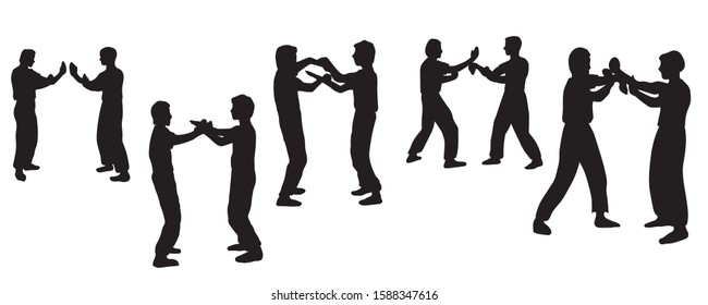 Illustration vector silhouettes group of people training Wing Chun Kung Fu system. Black silhouettes of men on white background