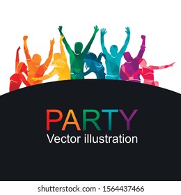 Illustration vector silhouettes party dance colorful group of jumping people dancing. Jazz funk, hip-hop, house dance. Dancer man on white watercolor background. Happy celebration. Hand up