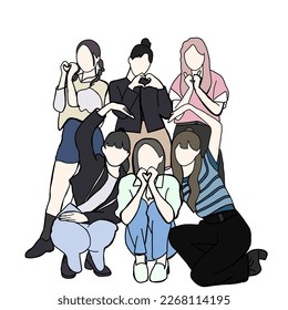 Illustration vector of six-member kpop idol girl group with cute girls concept.