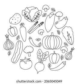 Illustration vector of sketch assorted vegetables such as carrots,onions, pumpkin, eggplant, tomatoes, cucumbers, mushrooms, broccoli, etc perfect for advertisements, magazines, stickers, product logo