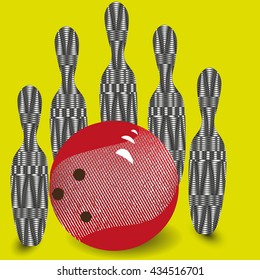 Illustration vector skittles and red ball
Vector illustration on yellow background five pins and a red bowling ball for decoration and design