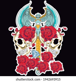 Illustration vector skull with axe and roses in tattoo style with background