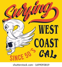 ilustración vector cráneo con pájaro en cabeza y texto surf California