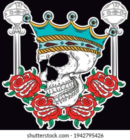 Illustration vector skull with cross with roses and background skate design