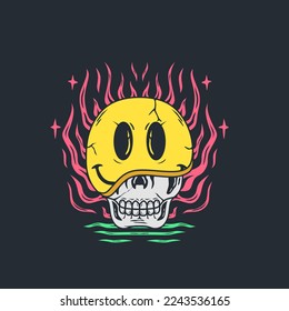 illustration vector. skull head mask smiling emoji.retro design concept for print