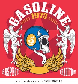 Illustration vector skull motorcycle design with color and background
