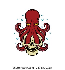 illustration vector an skull with octopus tentacle, design element for logo, t-shirt, emblem, sign, poster, vector illustration