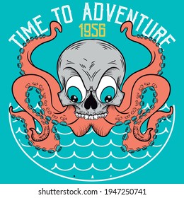Illustration vector skull octopus with text and waves background