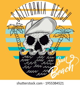 Illustration vector skull with palm in head with text and background