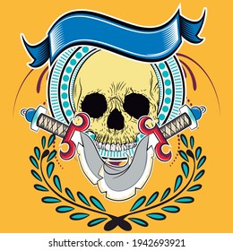 Illustration vector skull with ribbon and wings in tattoo style and background