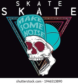 Illustration vector skull skate with cap and text in background