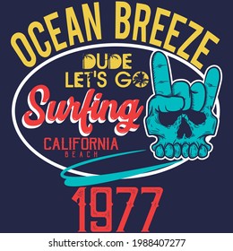 Illustration vector skull surfboard design with text and background fashion style