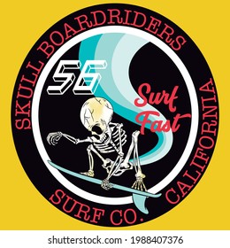Illustration vector skull surfboard design with text and background fashion style
