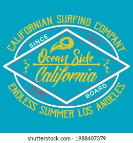 Illustration vector skull surfboard design with text and background fashion style