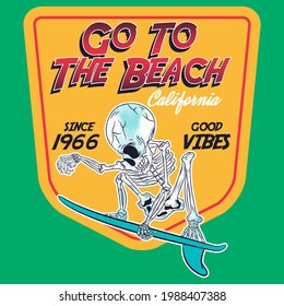 Illustration vector skull surfboard design with text and background fashion style