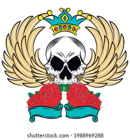 Illustration vector skull tattoo design with skate style witn text and background