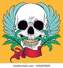Illustration vector skull tattoo with ribbon and wings in tattoo style and background