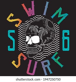 Illustration vector skull with waves and gradient text.