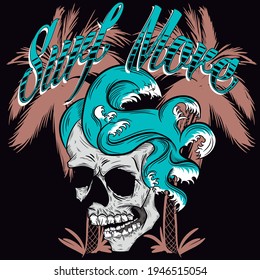 Illustration vector skull with waves hair and text, palms in background