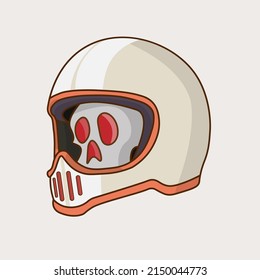 Illustration vector of skull wearing strip racing beige retro helmet, motor cycle skeleton head logo	