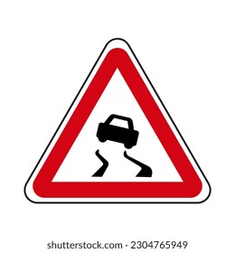 Illustration vector of Slippery road traffic warning sign. Red triangle board. Road traffic symbols
