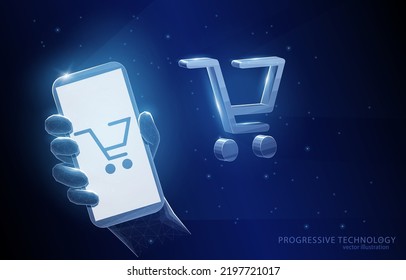 
Illustration Vector Smartphone In Hand And In Front 3d Sign Of A Supermarket Trolley On A Blue Background. Trade Symbol, Internet Technology, Gadgets, Online Shopping, Global Digitalization.