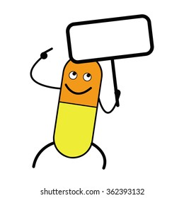 illustration vector smiling capsule holding a blank sign, copyspace