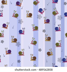 Illustration of vector snail on blue background . Seamless pattern of cute cartoon snail with big eyes.