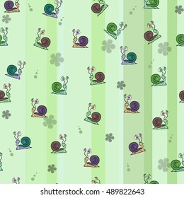 Illustration of vector snail on green background . Seamless pattern of cute cartoon snail with big eyes.