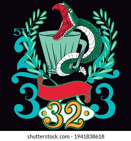 Ilustración vectorial de motocicleta de serpiente con pistón y texto. con estilo de tatuaje