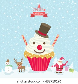 Illustration vector snowman cupcake for merry christmas card party on snow  background.