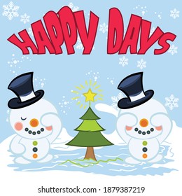 Illustration vector snowman play with friends and background