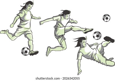 Illustration and vector of a soccer player with multiple poses playing football on the ground.