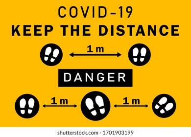 illustration vector of social distancing between people during covid-19 disease outbreak in community. Danger warning sign text poster.