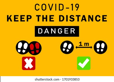 illustration vector of social distancing between people during covid-19 disease outbreak in community with warning danger sign text poster.