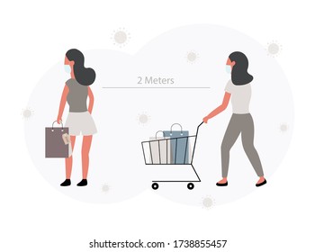 Illustration vector social distancing character woman walking, shopping by pacing To prevent the outbreak of Covid-19, the concept of self-defense from Coronavirus pandemic around the world.