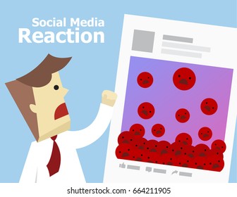 Illustration Vector Of Social Media Bad Reaction From Customer On Post. Young Business Man Sad About Viral Content Feedback From Audience.