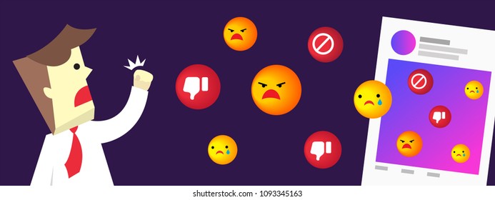 Illustration vector of social media good reaction from customer on post. Young business man happy about viral content feedback from audience.