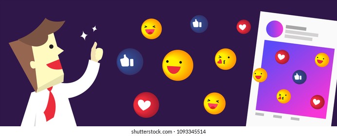 Illustration vector of social media good reaction from customer on post. Young business man happy about viral content feedback from audience.