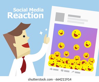 Illustration Vector Of Social Media Good Reaction From Customer On Post. Young Business Man Happy About Viral Content Feedback From Audience.