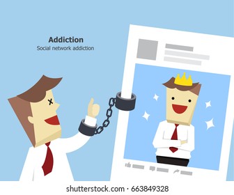 Illustration Vector Social Media Marketing With Advertising. Young Business Man Addict To Viral Post Content As Concept.