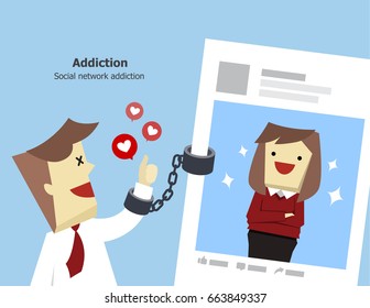 Illustration Vector Social Media Marketing With Advertising. Young Business Man Addict To Viral Content Post. Couple Love On Internet As Concept.