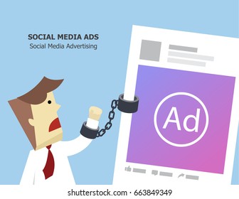 illustration vector social media marketing with advertising. Young business man addict to viral post content as concept.