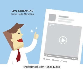 illustration vector social media marketing with video live streaming advertising. Young business man addict to viral video content as concept.